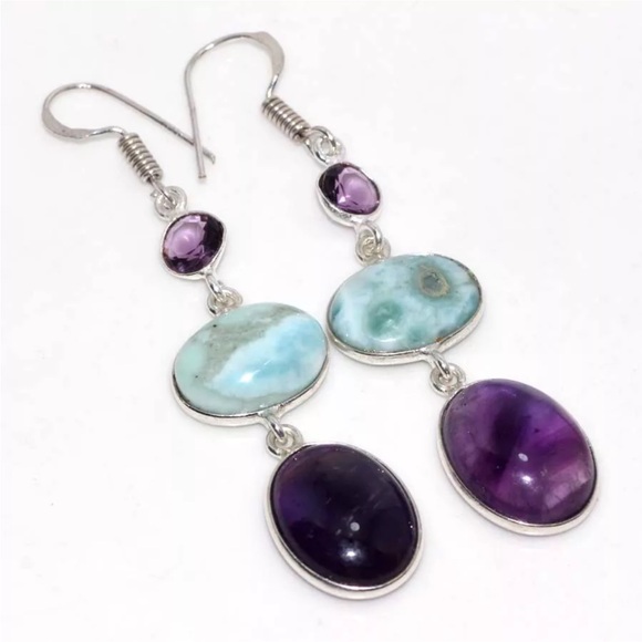 Earth Art hand crafted artisan Jewelry - Larimar and rainbow moonstone earrings